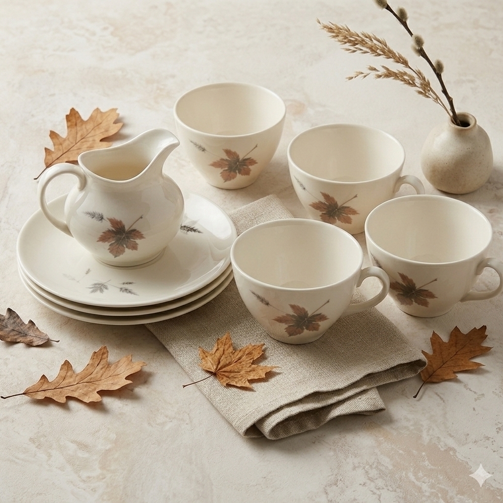 Royal Doulton Tumbling Leaves Creamer Teacups Saucers Retro